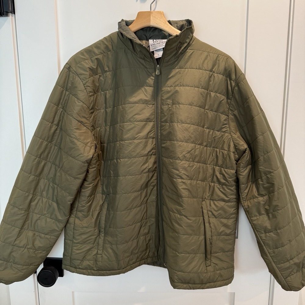 Ducks Unlimited Mens Olive Green Quilted Puffer Jacket Zip Large Lightweight